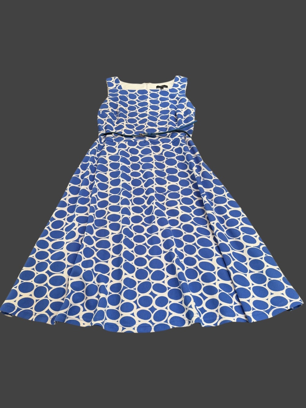 R&K Blue and White Fit-and-Flare Dress with belt.